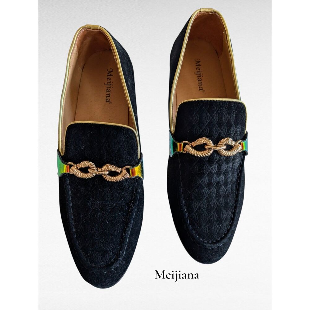 Meijiana Luxury Velvet Horsebit Loafers Men 9 Black Gold Dress Slip On